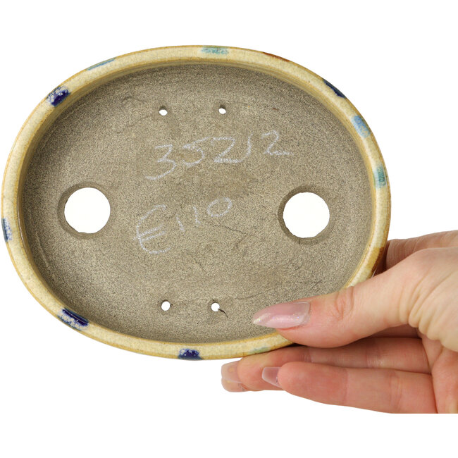 Pot à bonsaï ovale beige craquelé, multicolore par Terahata Satomi Mazan - 140 x 115 x 30 mm