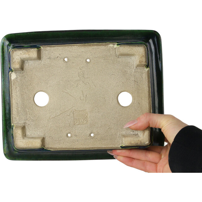 Pot à bonsaï rectangulaire vert par Terahata Satomi Mazan - 215 x 180 x 83 mm