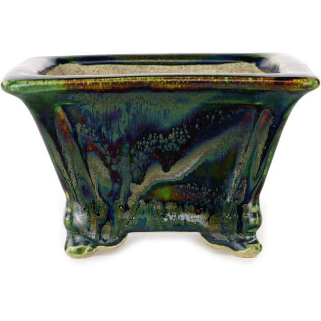 Pot à bonsaï carré vert multicolore par Terahata Satomi Mazan - 133 x 133 x 80 mm
