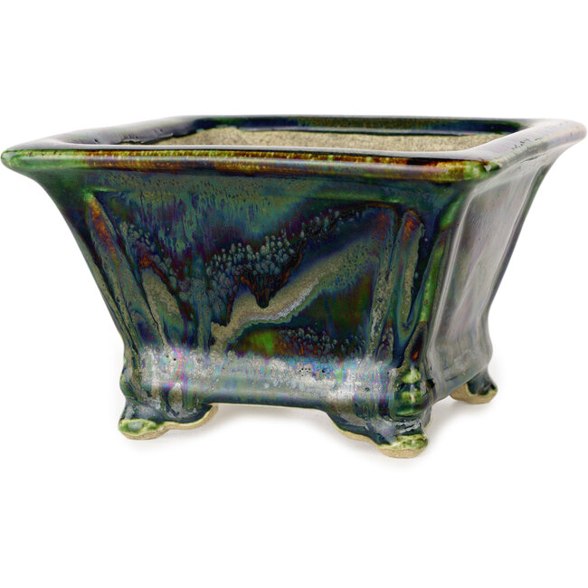 Quadratischer grüner mehrfarbiger Bonsaitopf von Terahata Satomi Mazan – 133 x 133 x 80 mm