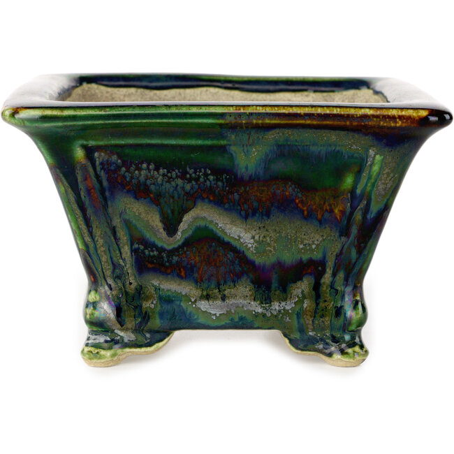 Maceta cuadrada para bonsái multicolor verde de Terahata Satomi Mazan - 133 x 133 x 80 mm