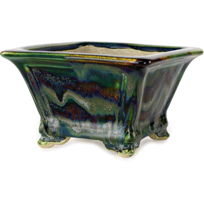 Maceta cuadrada para bonsái multicolor verde de Terahata Satomi Mazan - 133 x 133 x 80 mm