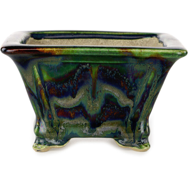 Vaso bonsai quadrato verde multicolore di Terahata Satomi Mazan - 133 x 133 x 80 mm
