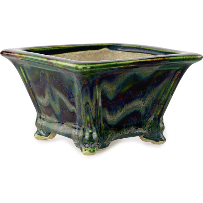 Vaso bonsai quadrato verde multicolore di Terahata Satomi Mazan - 133 x 133 x 80 mm