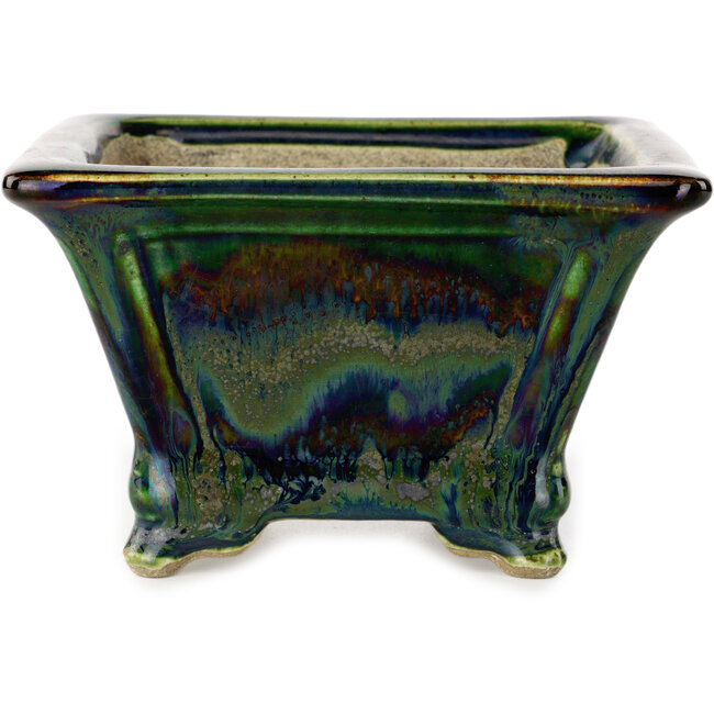 Vaso bonsai quadrato verde multicolore di Terahata Satomi Mazan - 133 x 133 x 80 mm