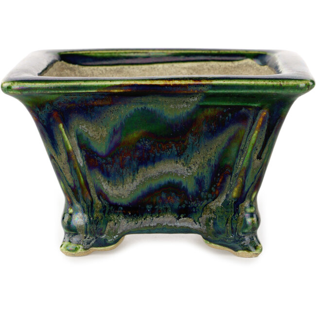 Square green multicolor bonsai pot by Terahata Satomi Mazan - 133 x 133 x 80 mm