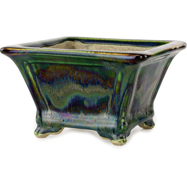 Maceta cuadrada para bonsái multicolor verde de Terahata Satomi Mazan - 133 x 133 x 80 mm