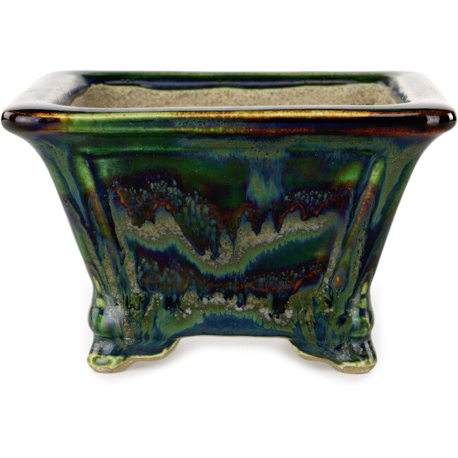 Vaso bonsai quadrato verde multicolore di Terahata Satomi Mazan - 133 x 133 x 80 mm