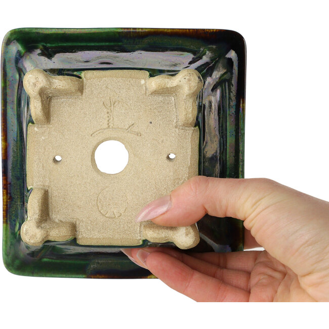 Square green multicolor bonsai pot by Terahata Satomi Mazan - 133 x 133 x 80 mm
