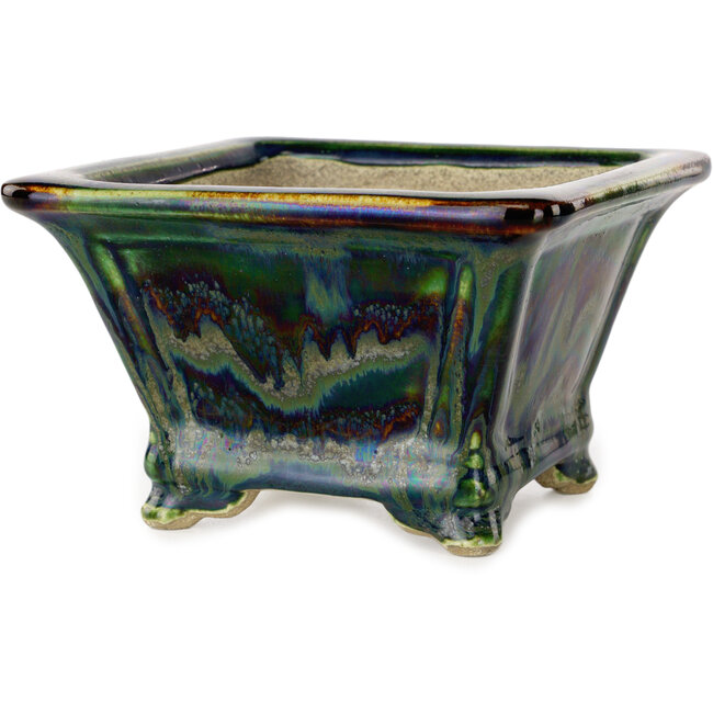 Quadratischer grüner mehrfarbiger Bonsaitopf von Terahata Satomi Mazan – 133 x 133 x 80 mm