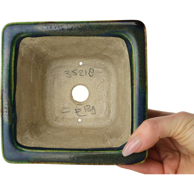 Square green multicolor bonsai pot by Terahata Satomi Mazan - 133 x 133 x 80 mm