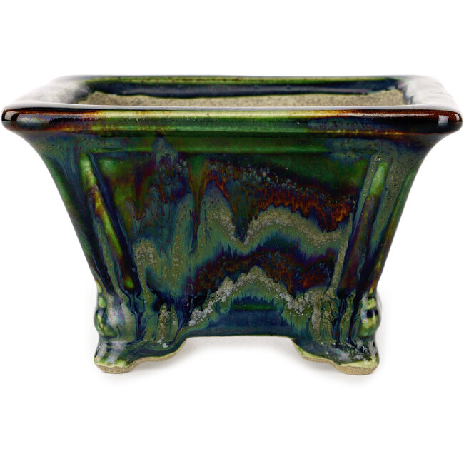 Vaso bonsai quadrato verde multicolore di Terahata Satomi Mazan - 133 x 133 x 80 mm