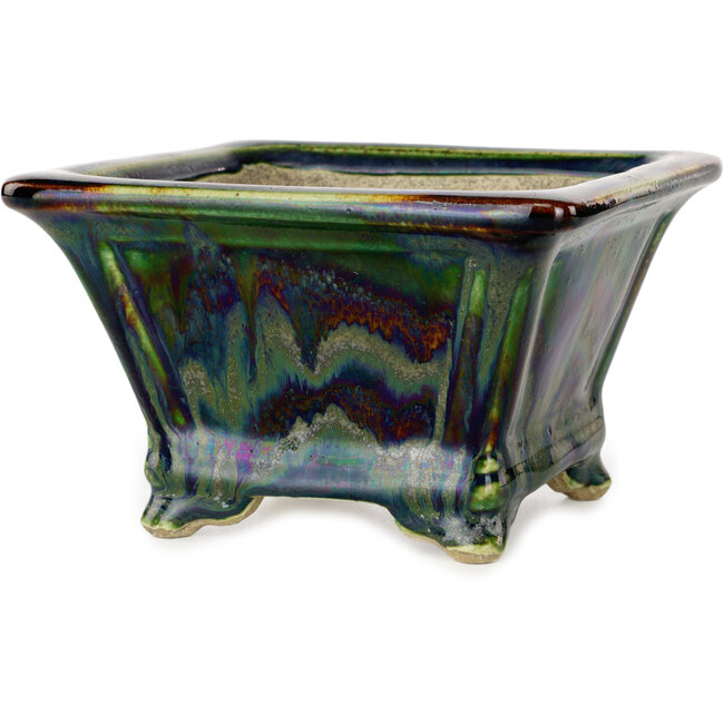 Square green multicolor bonsai pot by Terahata Satomi Mazan - 133 x 133 x 80 mm