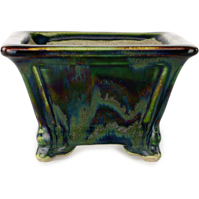 Vaso bonsai quadrato verde multicolore di Terahata Satomi Mazan - 133 x 133 x 80 mm