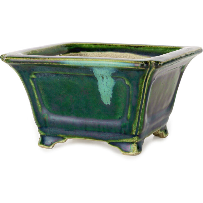 Vierkant groen met blauw accent bonsaipot van Terahata Satomi Mazan - 126 x 126 x 72 mm