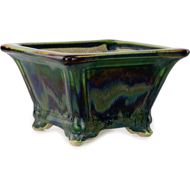 Maceta cuadrada para bonsái multicolor verde de Terahata Satomi Mazan - 133 x 133 x 80 mm