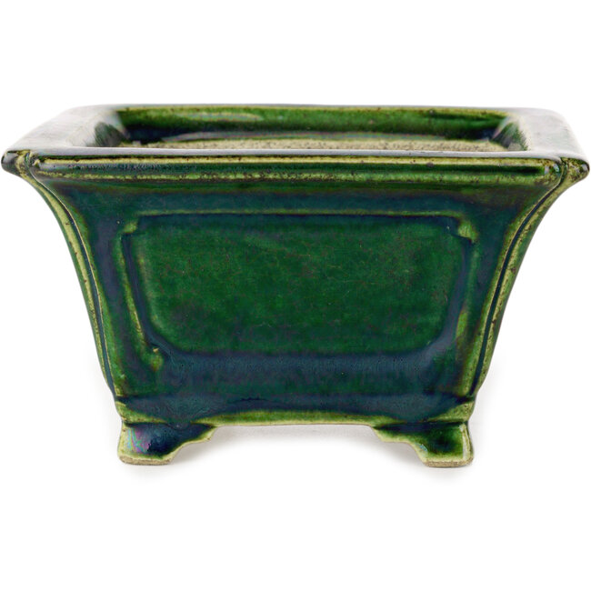 Square green with a blue accent bonsai pot by Terahata Satomi Mazan - 126 x 126 x 72 mm