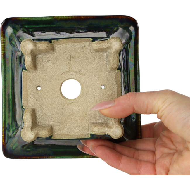 Square green multicolor bonsai pot by Terahata Satomi Mazan - 133 x 133 x 80 mm