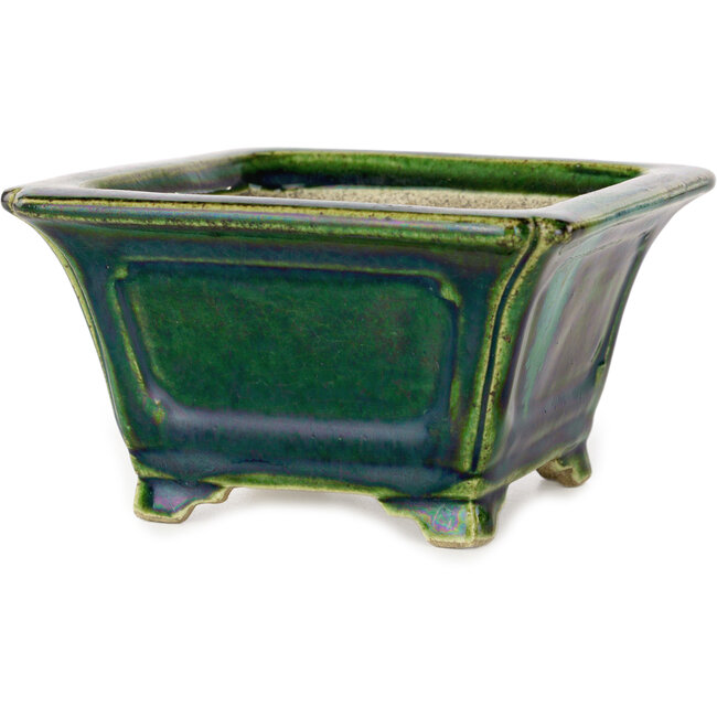 Vierkant groen met blauw accent bonsaipot van Terahata Satomi Mazan - 126 x 126 x 72 mm