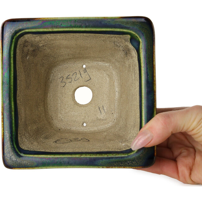 Vaso bonsai quadrato verde multicolore di Terahata Satomi Mazan - 133 x 133 x 80 mm