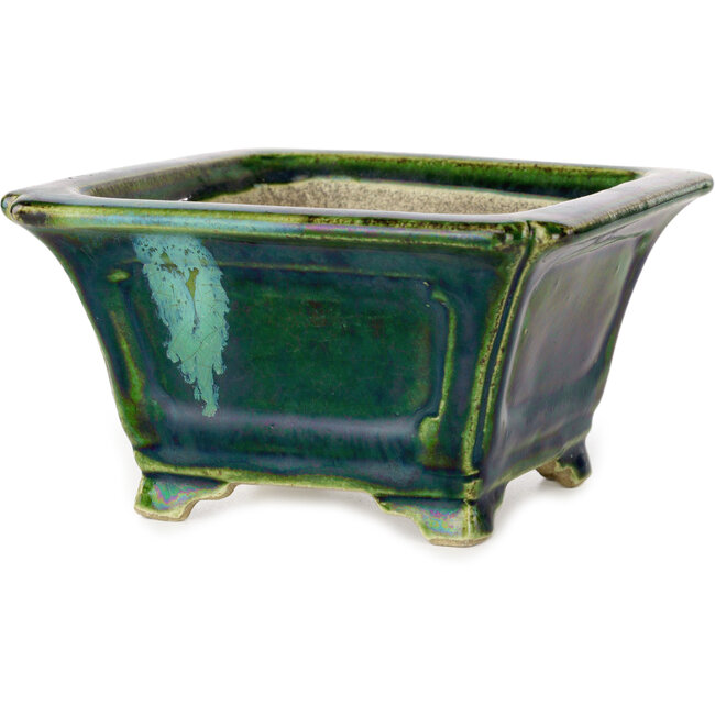 Vierkant groen met blauw accent bonsaipot van Terahata Satomi Mazan - 126 x 126 x 72 mm