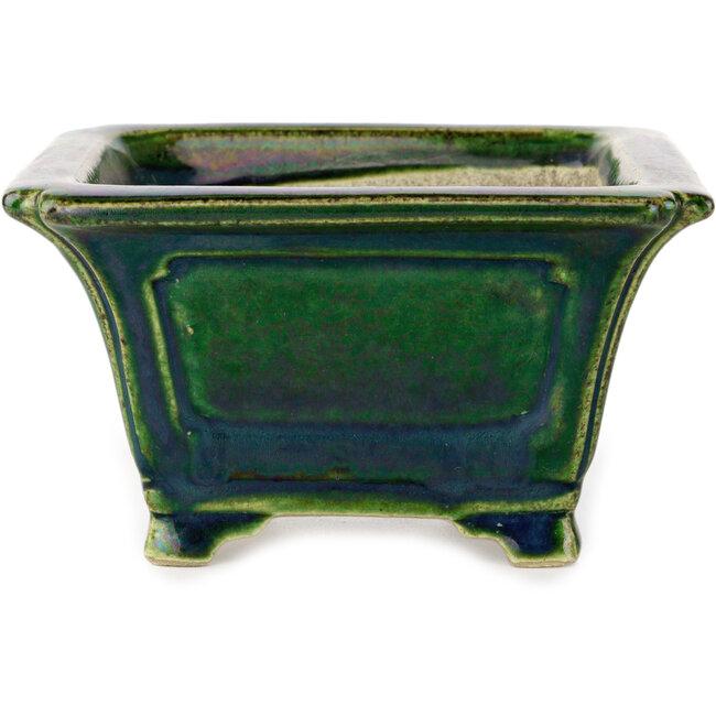 Vierkant groen met blauw accent bonsaipot van Terahata Satomi Mazan - 126 x 126 x 72 mm