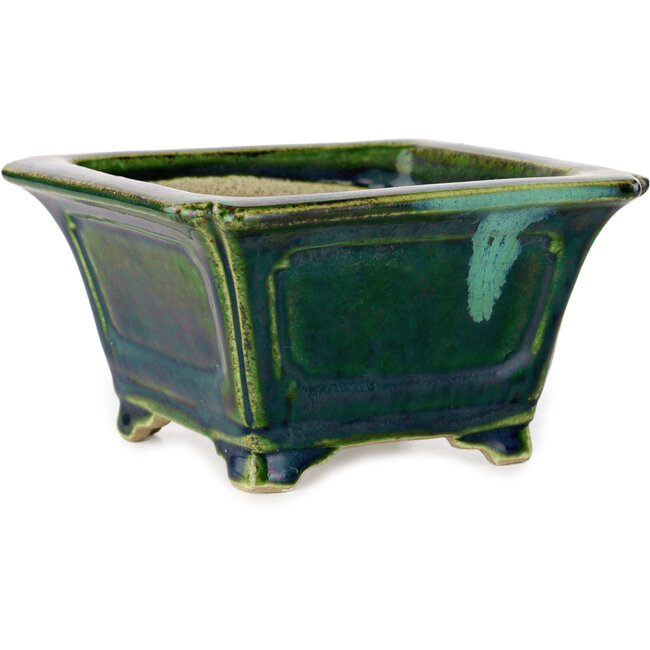 Quadratischer grüner Bonsaitopf mit blauem Akzent von Terahata Satomi Mazan – 126 x 126 x 72 mm