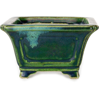  Satomi Mazan, Mazan Terahata Pot à bonsaï carré vert de 126 mm avec un accent bleu par Terahata Satomi Mazan, Tokoname, Japon