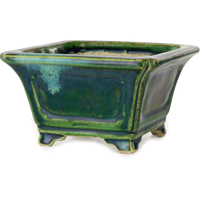 Vierkant groen met blauw accent bonsaipot van Terahata Satomi Mazan - 126 x 126 x 72 mm