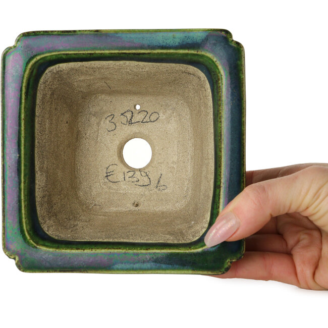 Maceta cuadrada para bonsái verde con detalles en azul de Terahata Satomi Mazan - 126 x 126 x 72 mm
