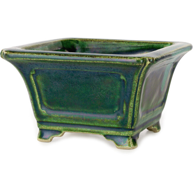 Maceta cuadrada para bonsái verde con detalles en azul de Terahata Satomi Mazan - 126 x 126 x 72 mm