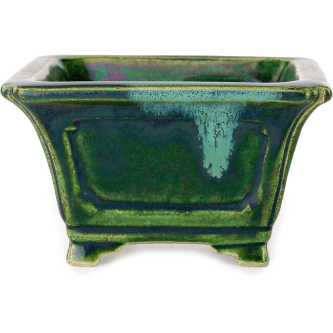 Maceta cuadrada para bonsái verde con detalles en azul de Terahata Satomi Mazan - 126 x 126 x 72 mm