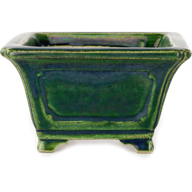 Maceta cuadrada para bonsái verde con detalles en azul de Terahata Satomi Mazan - 126 x 126 x 72 mm