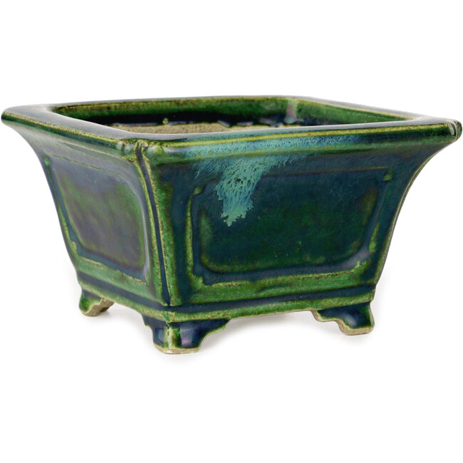 Maceta cuadrada para bonsái verde con detalles en azul de Terahata Satomi Mazan - 126 x 126 x 72 mm