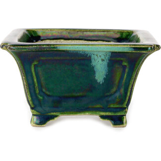  Satomi Mazan, Mazan Terahata Vaso bonsai quadrato verde con accenti blu da 126 mm di Terahata Satomi Mazan, Tokoname, Giappone