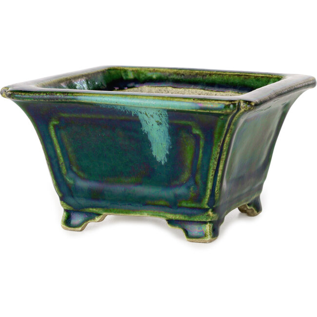 Vaso bonsai quadrato verde con accenti blu di Terahata Satomi Mazan - 126 x 126 x 72 mm