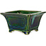 Square green with a blue accent bonsai pot by Terahata Satomi Mazan - 126 x 126 x 72 mm