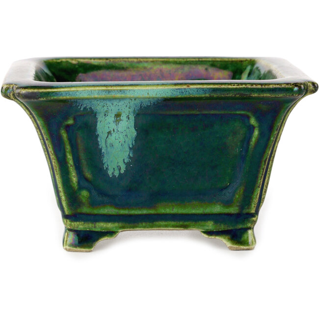 Maceta cuadrada para bonsái verde con detalles en azul de Terahata Satomi Mazan - 126 x 126 x 72 mm