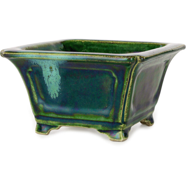 Vaso bonsai quadrato verde con accenti blu di Terahata Satomi Mazan - 126 x 126 x 72 mm