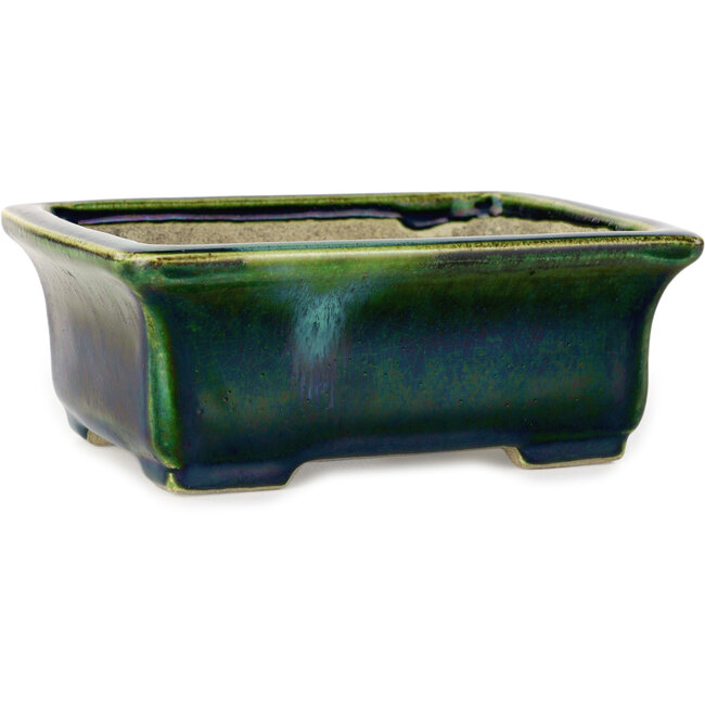 Rectangular green with a blue accent bonsai pot by Terahata Satomi Mazan - 165 x 135 x 65 mm
