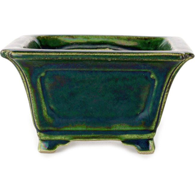 Pot à bonsaï carré vert avec accent bleu par Terahata Satomi Mazan - 126 x 126 x 72 mm