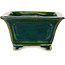 Quadratischer grüner Bonsaitopf mit blauem Akzent von Terahata Satomi Mazan – 126 x 126 x 72 mm