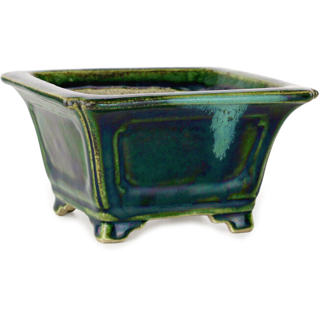 Vaso bonsai quadrato verde con accenti blu di Terahata Satomi Mazan - 126 x 126 x 72 mm