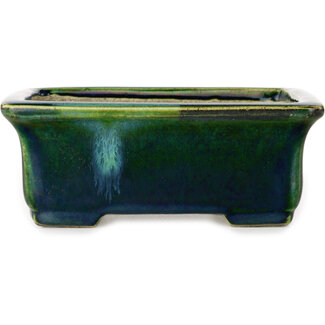  Satomi Mazan, Mazan Terahata 165 mm rectangular green with a blue accent bonsai pot by Terahata Satomi Mazan, Tokoname, Japan