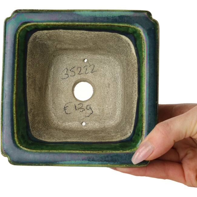 Pot à bonsaï carré vert avec accent bleu par Terahata Satomi Mazan - 126 x 126 x 72 mm