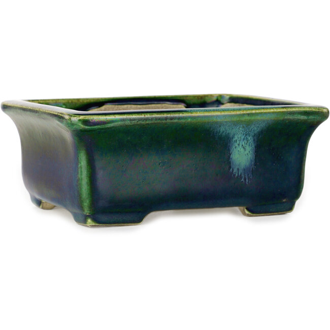 Vaso bonsai rettangolare verde con accenti blu di Terahata Satomi Mazan - 165 x 135 x 65 mm