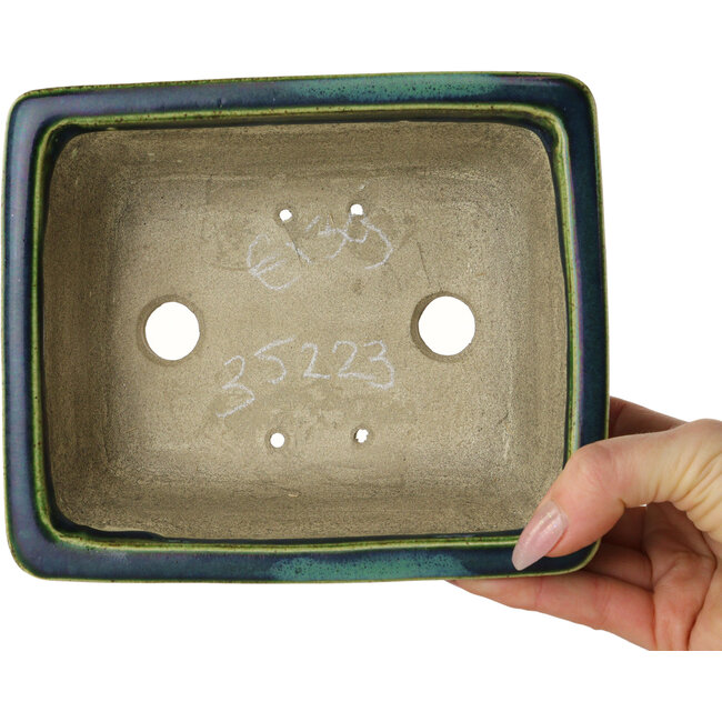 Rechteckige grüne Bonsaischale mit blauem Akzent von Terahata Satomi Mazan – 165 x 135 x 65 mm