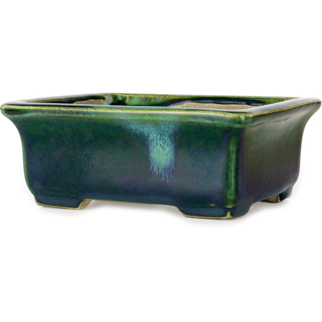 Rectangular green with a blue accent bonsai pot by Terahata Satomi Mazan - 165 x 135 x 65 mm