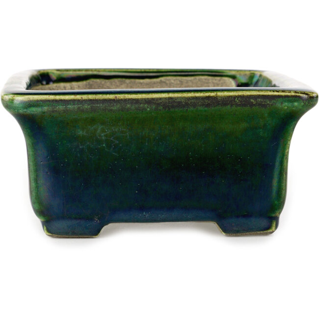 Vaso bonsai rettangolare verde con accenti blu di Terahata Satomi Mazan - 165 x 135 x 65 mm