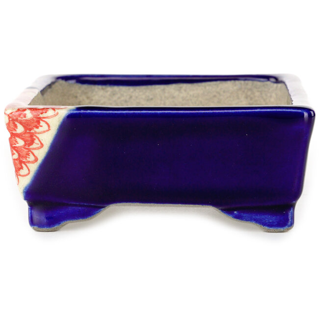 Rectangular red and blue bonsai pot by Terahata Satomi Mazan - 150 x 108 x 43 mm